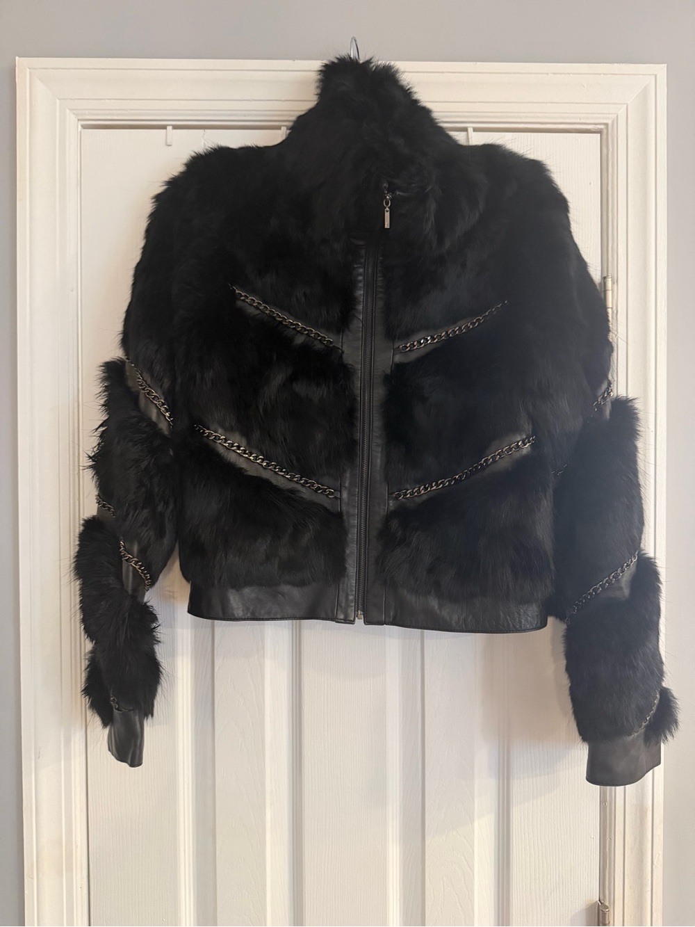 Y2K Marciano Genuine Black Leather Rabbit Fur Jacket Gunmetal Chain Trim